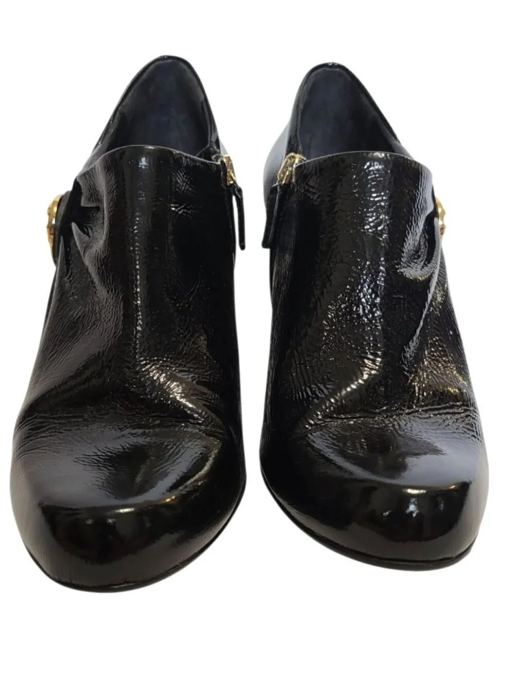 Gucci Hysteria Patent Leather Ankle Booties Crest Logo Heels